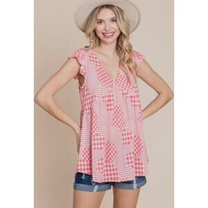 EMERALD COLLECTION-HOUNDSTOOTH & CHECK PLAID BULGARI FLUTTER SLEEVE V NECK TOP